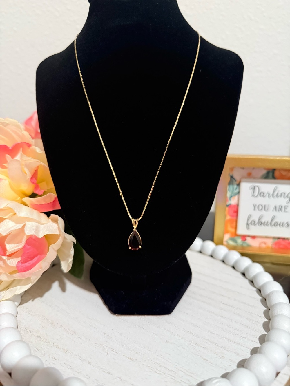 CARLA 14K Yellow Gold Red Gemstone Pear Pendant Necklace 18” 3.21g